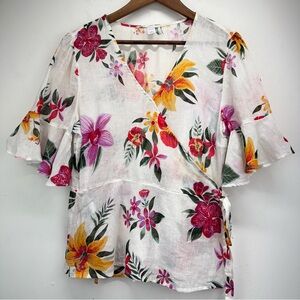 Old Navy size Large Women’s White Tropical Floral Linen Blend Wrap Blouse